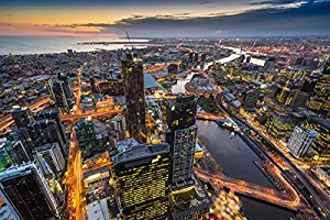 Houses Skyscrapers Evening Melbourne Australia Eureka Tower From above (P-001598) - Poster Art Print on Canvas (24x16inch)