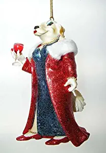 December Diamonds Miss Golden Retriever Ornament in Black Glittered Dress with Long Red Glittered Coat Drinking a Cocktail...Adorable!