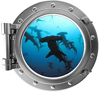 12" Porthole 3D Window Wall Sticker Shark #2 Silver Port Scape Decal Ocean Deep Blue Sea Fish Kids Room Decor Wall Art Removable Fabric Vinyl