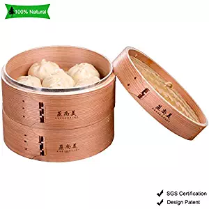 Wooden Bamboo Steamer Basket 10" Pot with Knitted Wicker Lid,Stainless Steel Rack,2 Tier for Kitchen Food Steamed Rice Dumpling Fish Vegetable Cooking Dim Sum Chinese Traditional Cookware