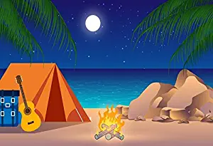 9x6ft Summer Party Backdrop Cartoon Tents Guitar Bonfire Seaside Moon Nightscape Photography Background Music Party Campfire Party Luau Party Hawaii Beach Party Children Adults Portrait