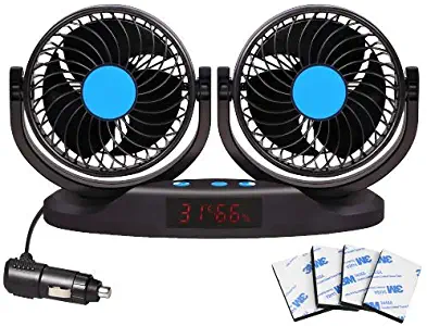 Car Fan 12V Vehicle Fan, 5inch Truck Cooling Fan with LED Display Temperature & Humidity, 12 Speeds and 360 Rotatable