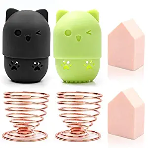 SAYOPIN Beauty Blender Holder Container/2Makeup Sponge Travel Case and 2Beauty Blender Drying Holder/Cute Cat Silicone Beauty Sponge Travel Case (black+green-02)