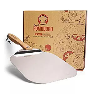 Chef Pomodoro Aluminum Metal Pizza Peel with Foldable Wood Handle for Easy Storage 12-Inch x 14-Inch, Gourmet Luxury Pizza Paddle for Baking Homemade Pizza Bread