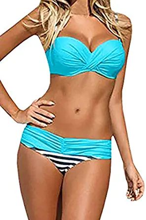 EVALESS Women Swimwear Two Piece Shoulder Strappy Swimsuit Padded Bikini Set Bathing Suits