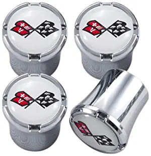 C3 Chevy Corvette Chrome & White Valve Stem Caps Crossed Flags Logo